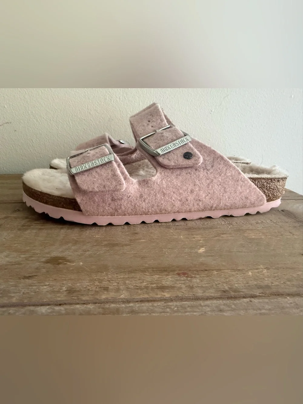 Birkenstock Pink Shearling Two-Strap Sandals